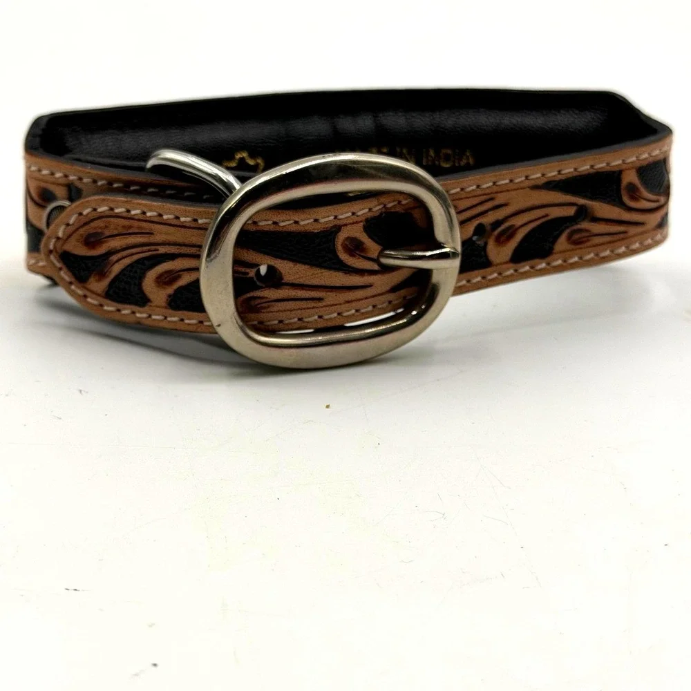 Myra Bag Zoomper Sunflower Hand Tooled Leather Dog Collar Small Black Tan